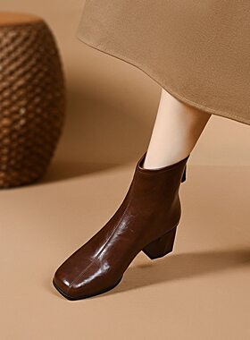 秋冬通勤粗跟真皮短靴时尚百搭女款方头靴子中跟女士单靴棕色裸靴