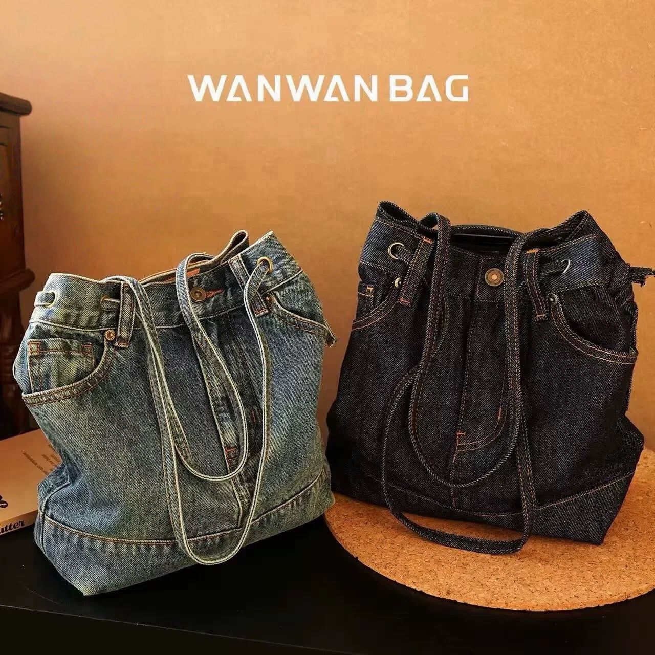 WAN·复古水洗牛仔包单肩帆布包包小众设计感大容量通勤托特原创