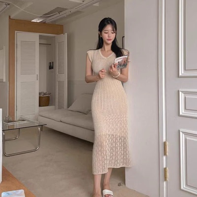 现货韩国东大门夏秋女2025新款韩范修身纯欲镂空收腰两件套连衣裙