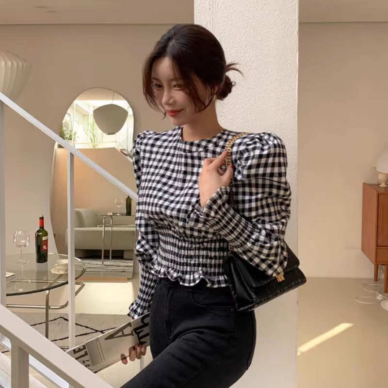 现货韩国东大门女装2025秋季新款韩范休闲收腰短款套头格子衬衫潮