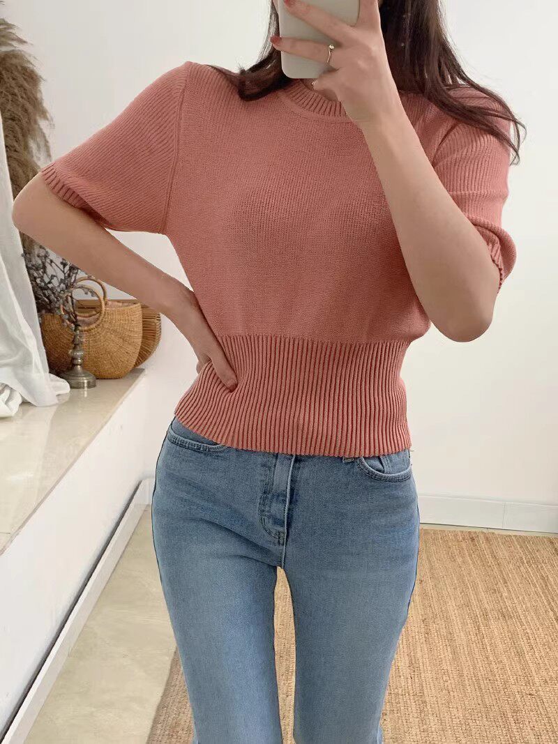 现货韩国东大门女装2025秋季新款纯欲套头圆领短款短袖针织衫