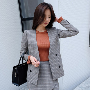 现货韩国东大门女装2025秋季新款韩范气质显瘦格子百搭西装外套潮