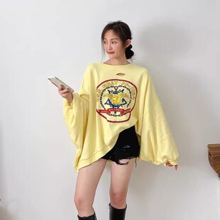 现货韩国东大门女装春秋季宽松破洞慵懒风中长款字母图案卫衣女