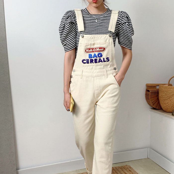 现货韩国东大门女装2025春秋新款韩范甜美减龄字母休闲背带连体裤