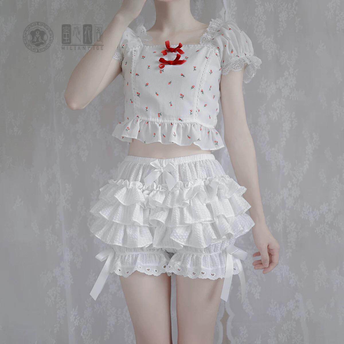 日系小清新可爱洛丽塔蕾丝拼接格子南瓜裤裙学生蛋糕裙蓬蓬短裙女