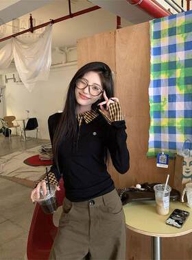 美式辣妹复古格子假两件正肩长袖