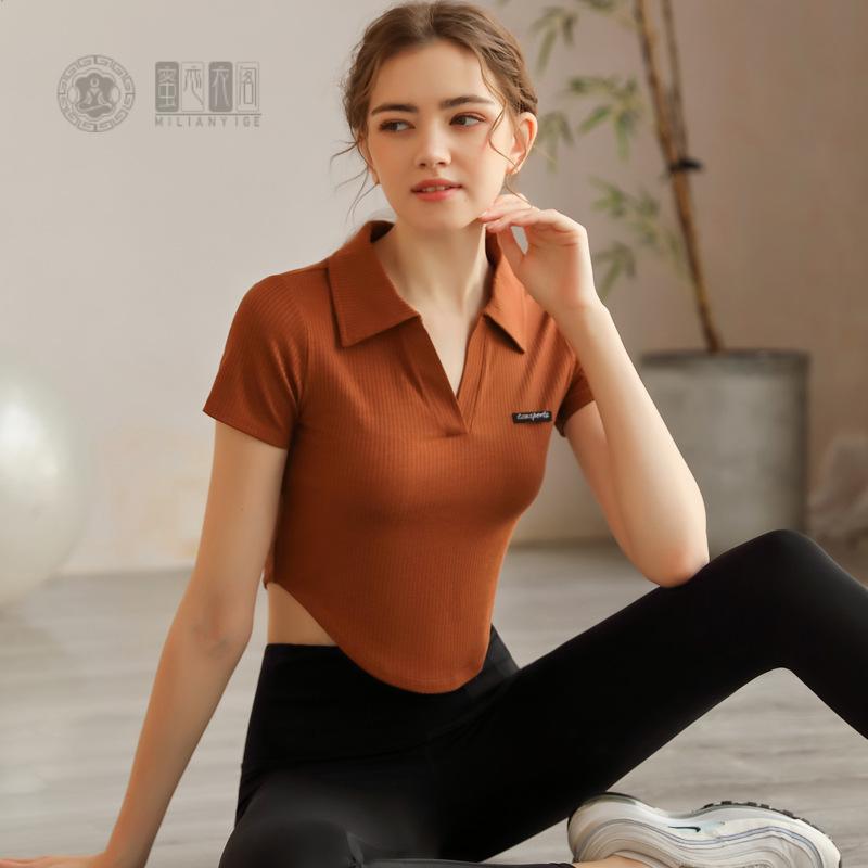 健身瑜伽服女款性感翻领运动短袖袖显瘦紧身跑步上衣速干t恤现货