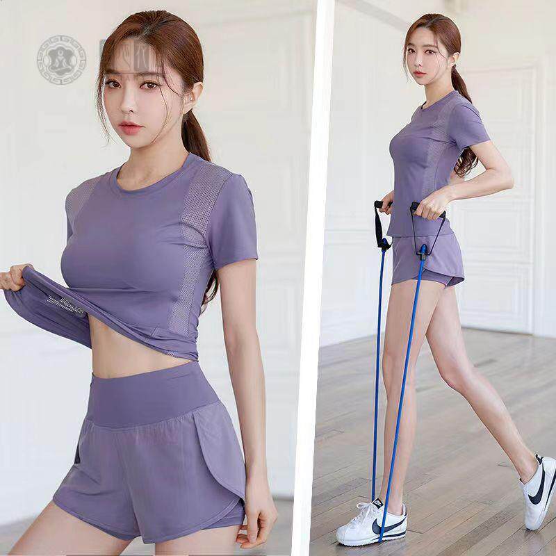 新款运动套装女夏防走光短裤跳操时尚健身房瑜伽服专业晨跑套装女