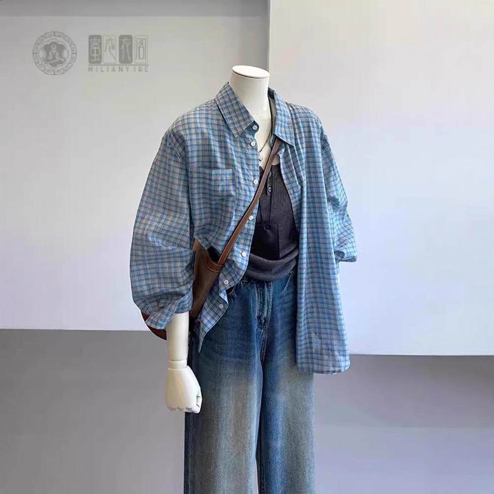 薄款格子防晒衬衫女夏2026新款宽松长袖上衣外套韩系宽松通勤穿搭