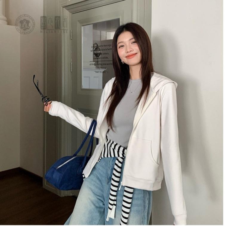 秋冬韩系连帽磨毛修身运动外套女