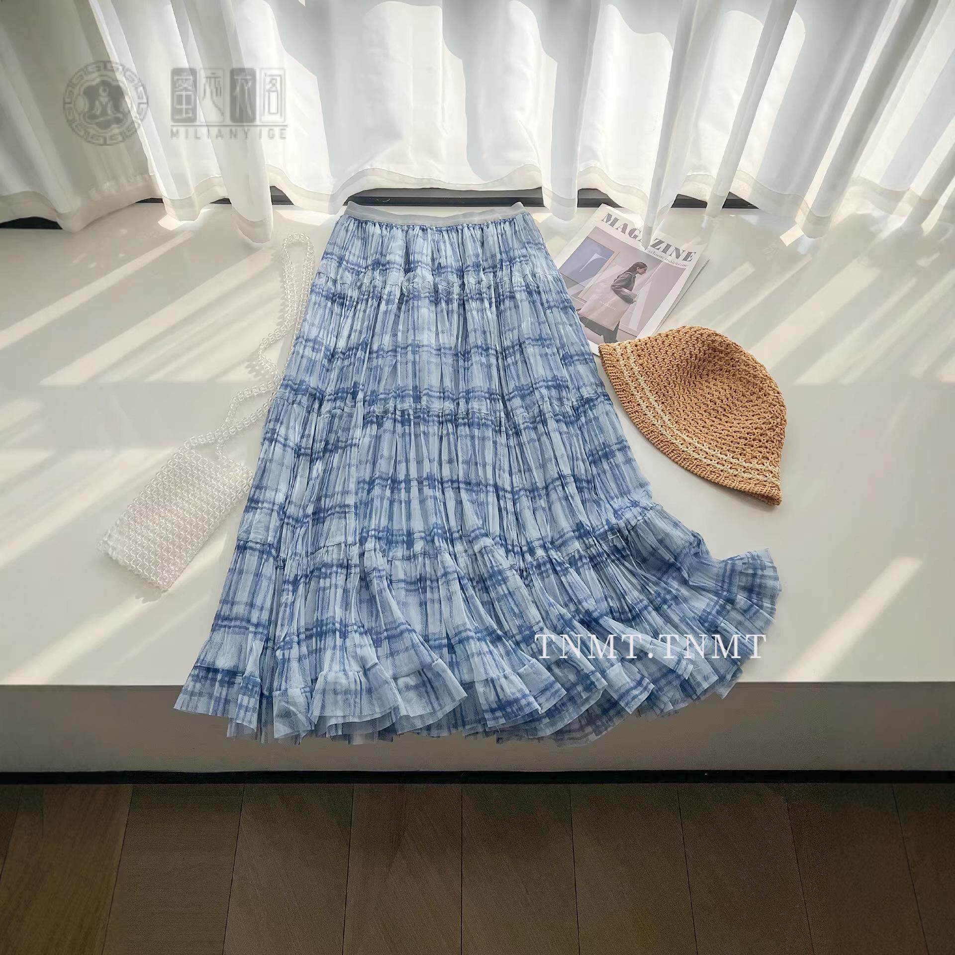 旋转裙摆蓝色格子网纱半身裙女