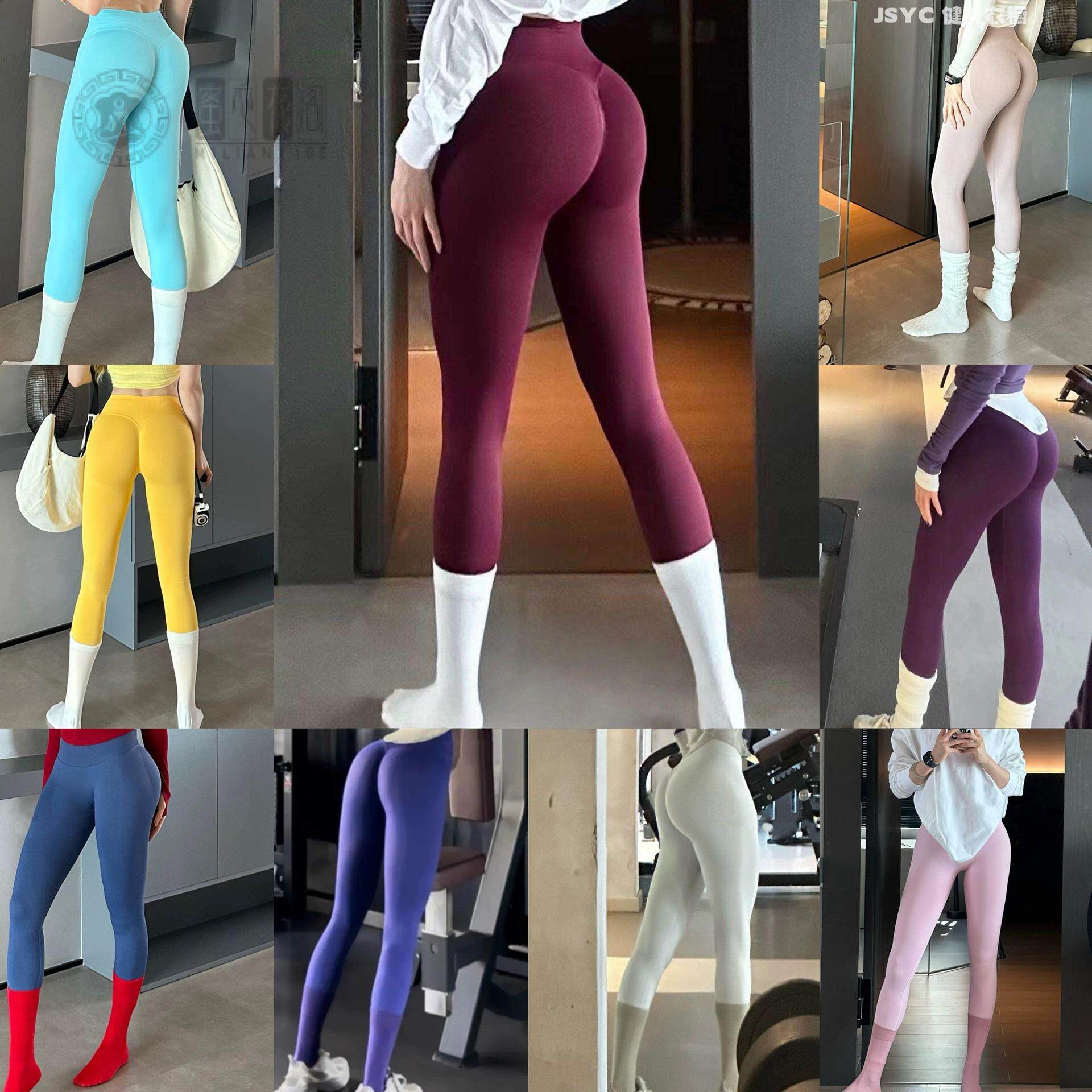 三段式中腰d瑜伽裤欧美缝紧身健身裤女提臀外穿运动长裤