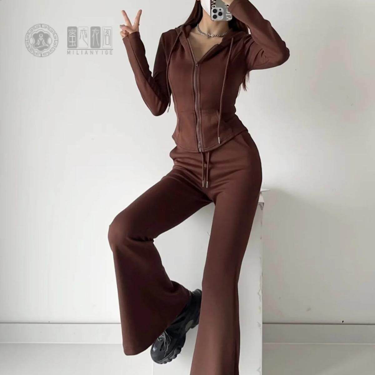 2025秋季收腰系带开衫连帽卫衣外套高腰修身包臀微喇裤卫裤套装女