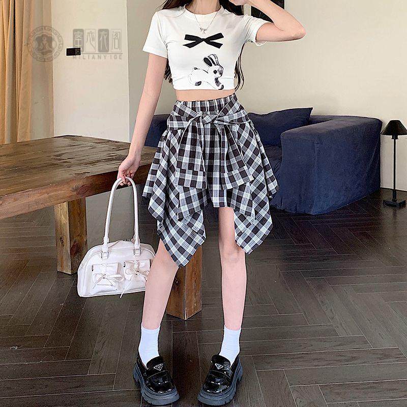 大码高腰显瘦格子A字短裙