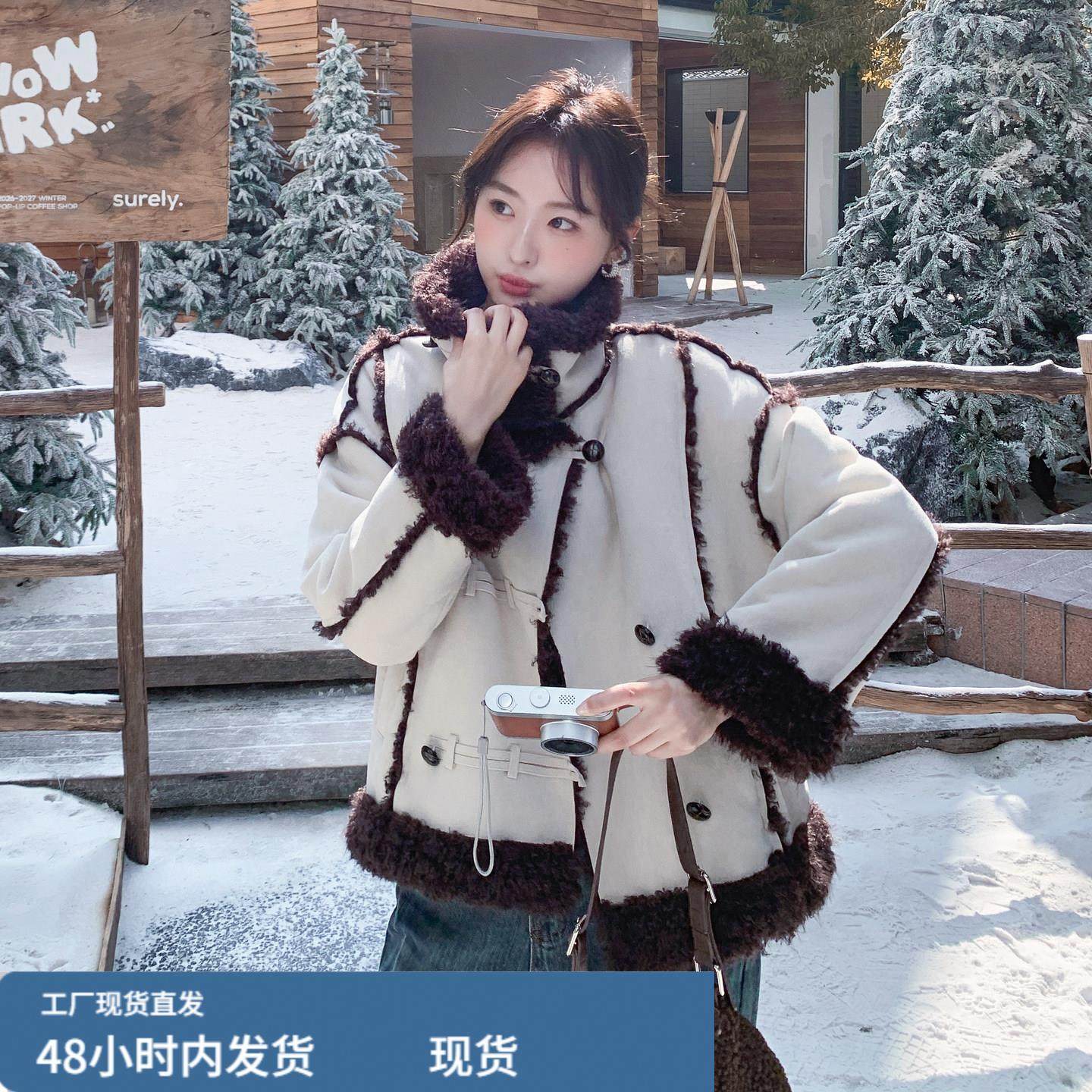 设计感麂皮绒拼接皮毛一体羊羔毛外套女冬季韩系休闲加厚短款上衣,童装/婴儿装/亲子装,套装,淘宝优惠券,粉丝福利购,淘宝优惠卷