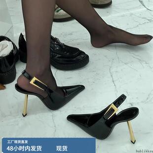 小方头包头凉鞋女款学院风高跟后空设计 四季皆宜漆皮凉鞋