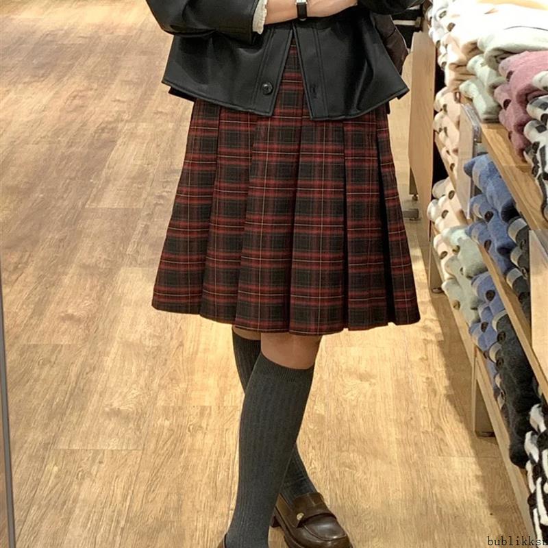 红色格子半裙中裙2025新款半身裙女秋季大码胖mm高腰jk裙子百褶裙