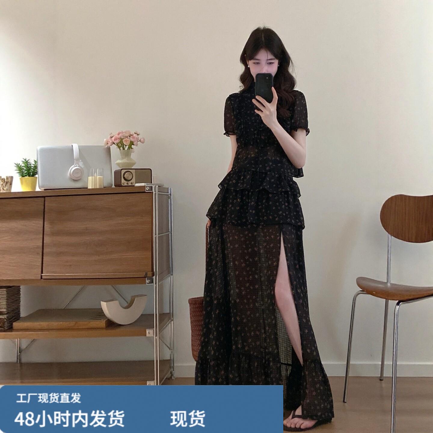 夏装穿搭一整套女大尺码微胖mm碎花短袖雪防衬衫开叉半身裙子两件图片