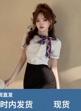 夏季职业套装女前台空姐制服工作服气质短袖衬衫包臀裙时尚两件套
