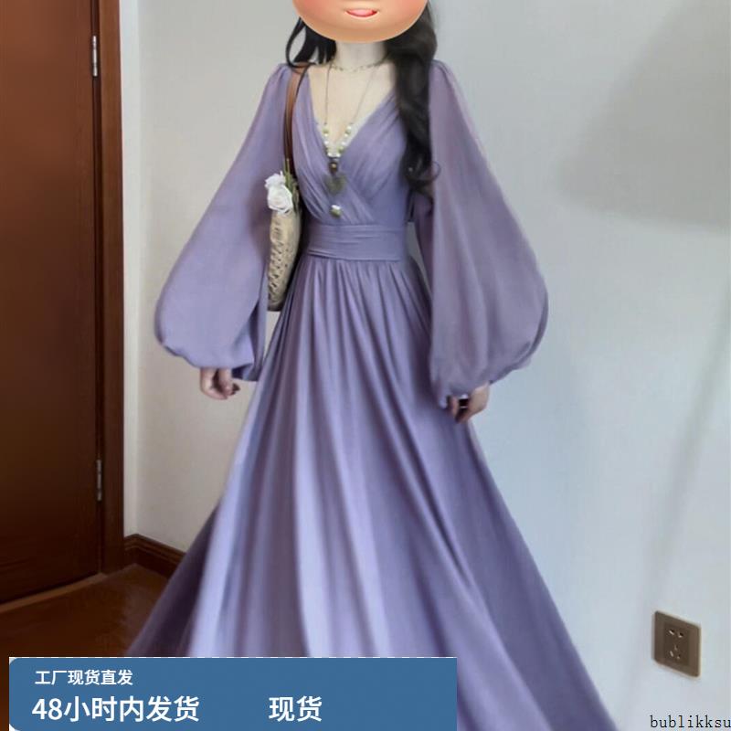漂亮紫色v领长袖连衣裙子女2025早秋新款高级感巨好看的插腰长裙