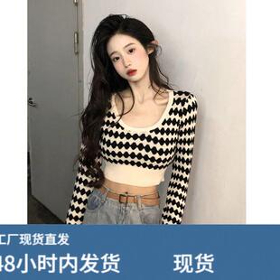 新款网红纯欲风辣妹短款毛衣秋冬款洋派百搭露脐长袖套头针织衫女
