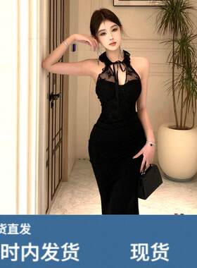 性感黑色挂颈洋装女修身镂空蕾丝拼接名媛御姐风开叉包臀长裙子