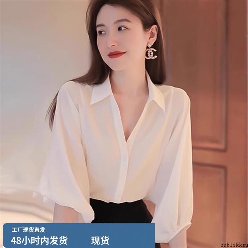 真丝女士白色衬衫法式气质上衣设计感女小众高级短袖职业衬衣夏季