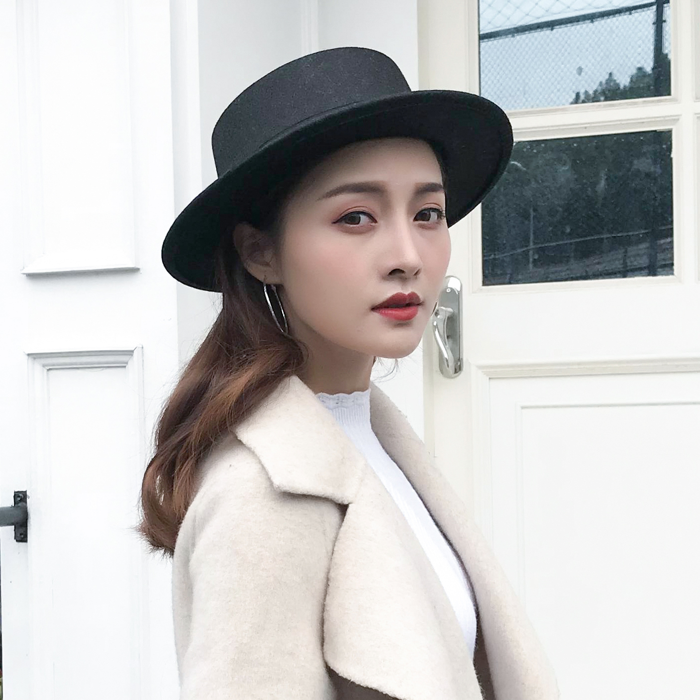 MYMAO秋冬混色毛呢英伦平顶女帽子休闲百搭平檐M标韩版毛呢帽