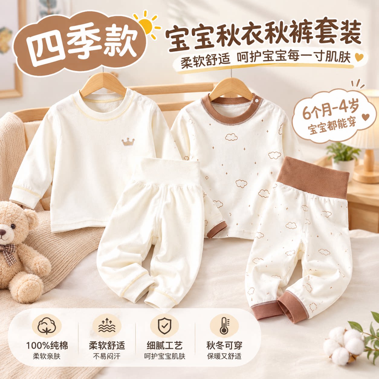婴儿衣服套装纯棉秋季打底高腰男宝女宝四季秋衣秋裤儿童内衣套装