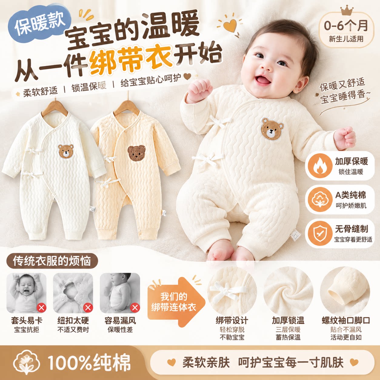 新生婴儿衣服秋冬纯棉a类保暖宝宝和尚服夹棉连体衣小月龄哈衣