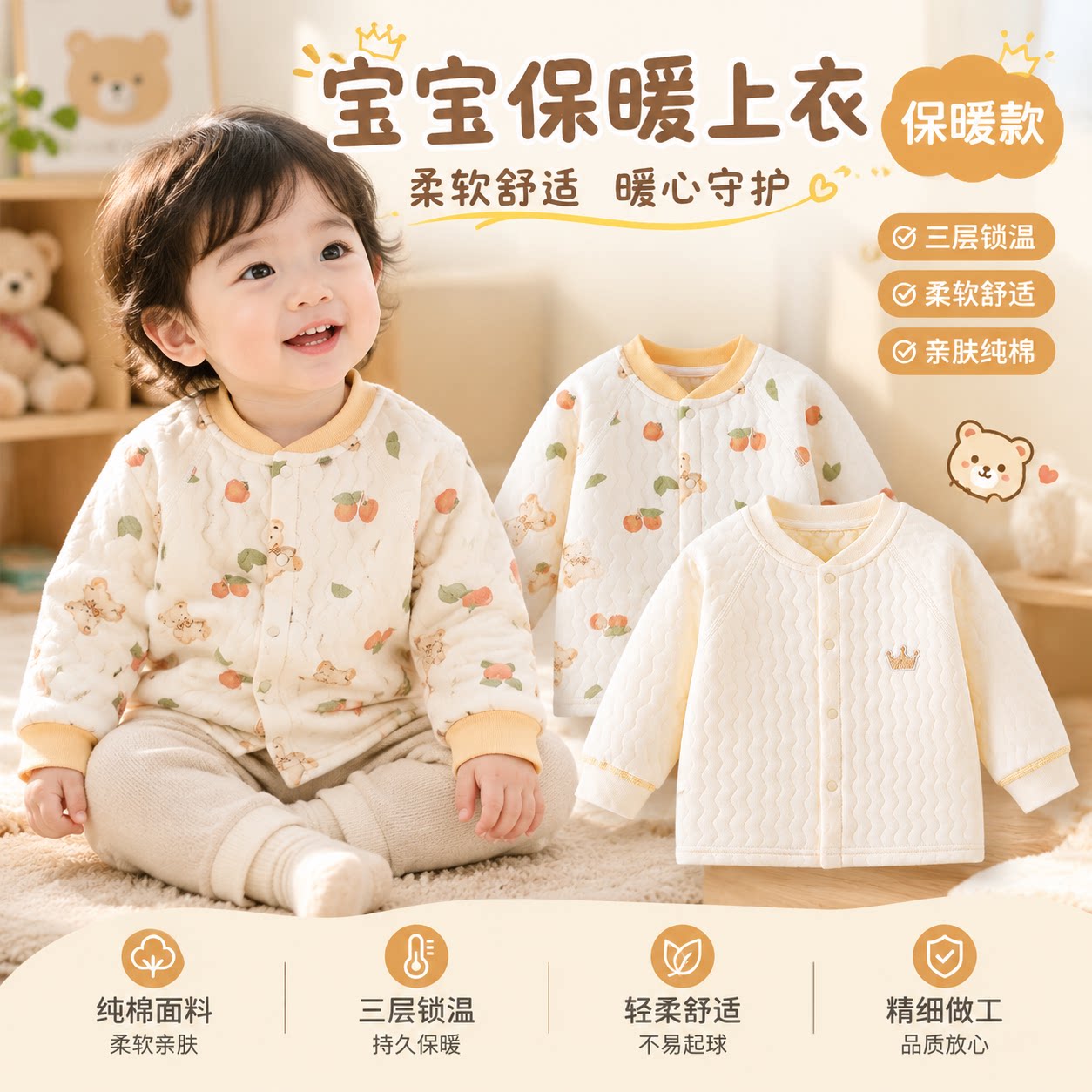 婴儿保暖上衣秋冬薄棉宝宝秋衣男女儿童内衣加厚衣服三层夹棉外套