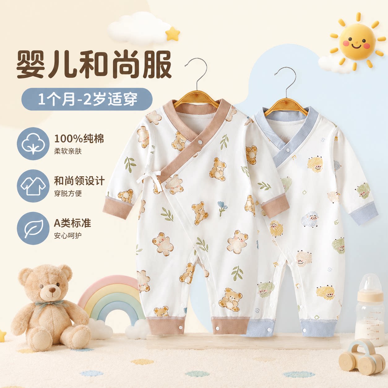 婴儿衣服春秋冬装连体衣a类纯棉初新生儿哈衣爬秋天季宝宝和尚服