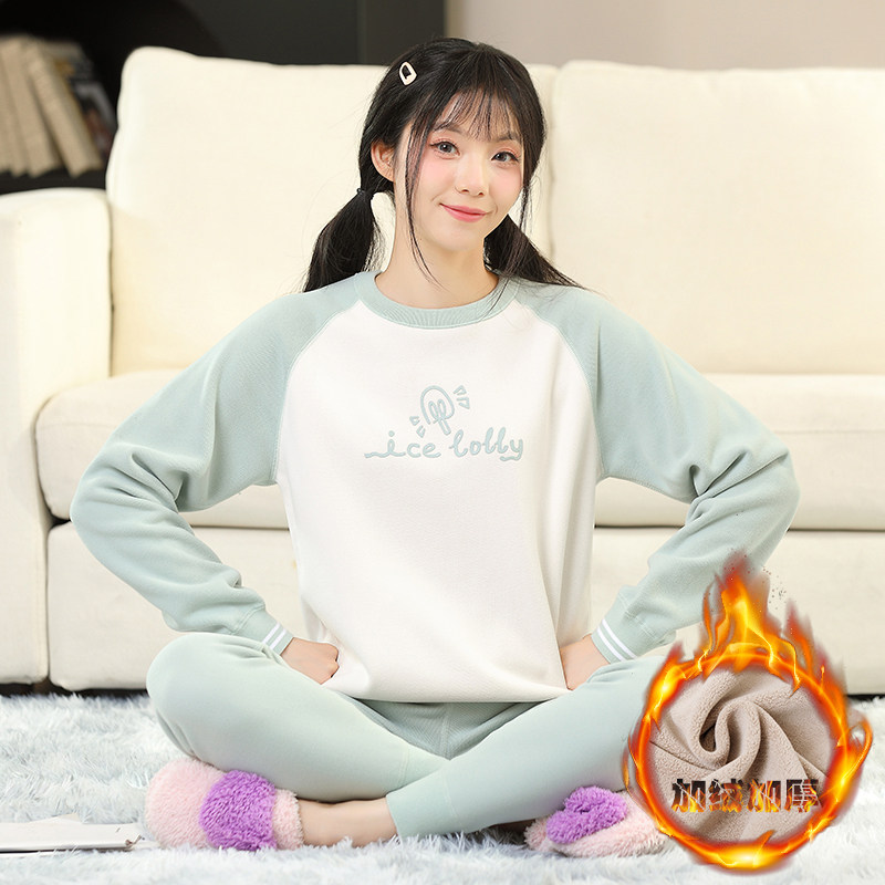 冬季女大童初中学生保暖内衣套装女士加绒加厚女孩秋衣秋裤棉毛衫