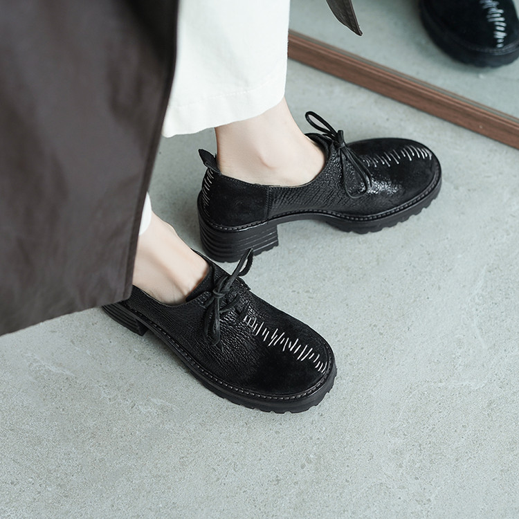 MEUY水洗马皮深口单鞋女皮鞋2025秋冬英伦布洛克鞋系带厚底德比鞋