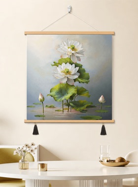 新中式禅意白荷花装饰挂画客厅玄关餐厅卧室背景墙油画风轻奢壁画