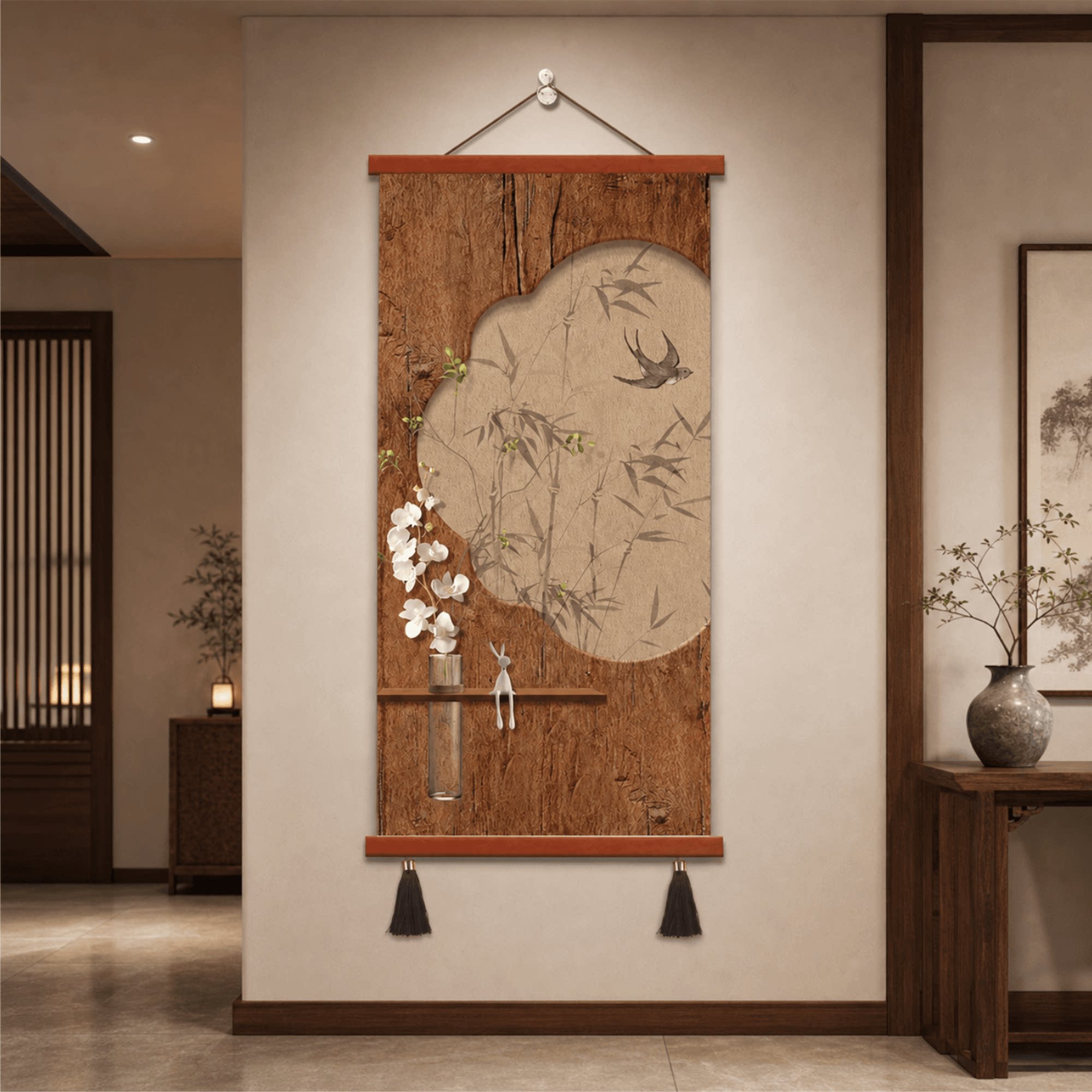新中式复古竹燕兰花玄关装饰画走廊过道竖版客厅墙面软装挂画饰品