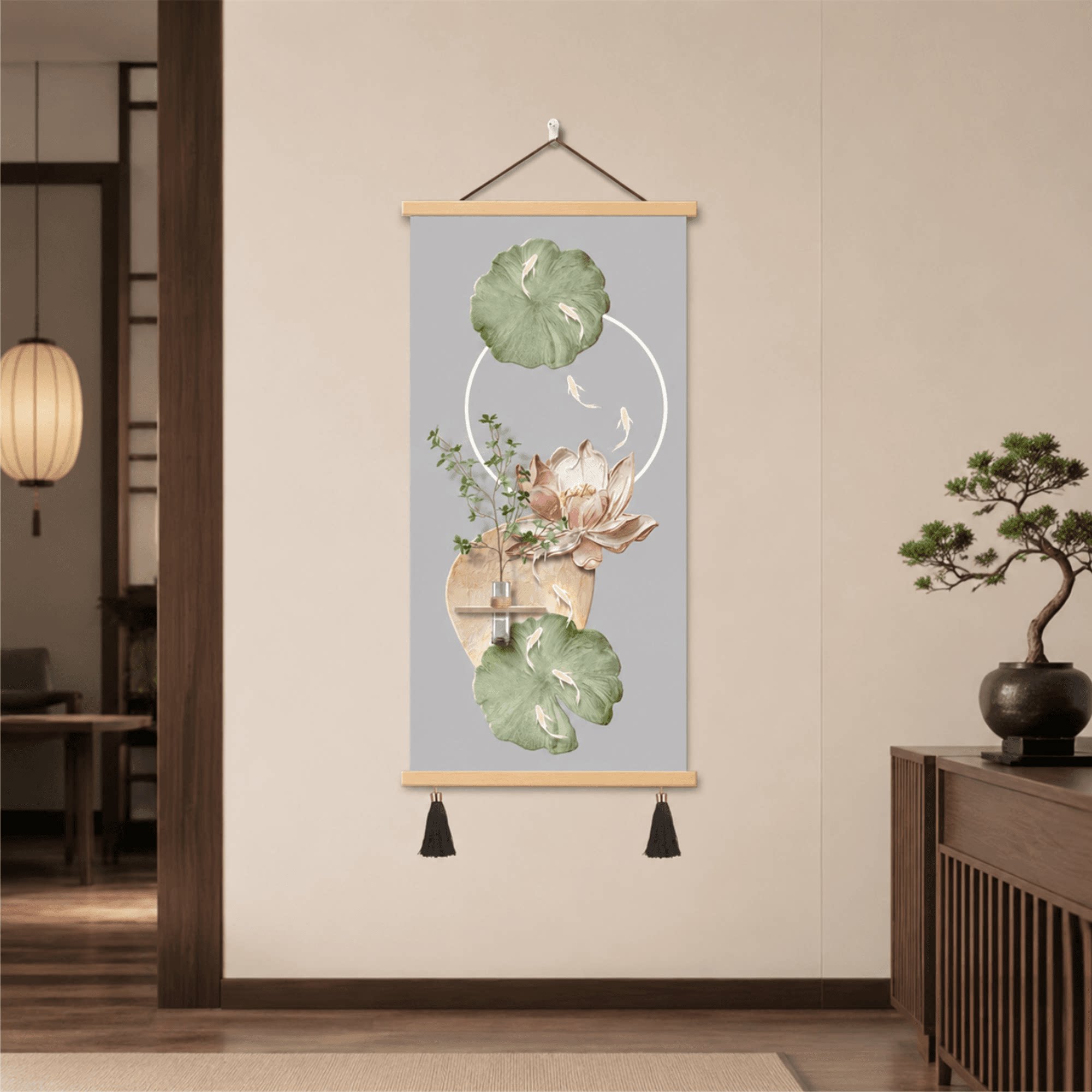 新中式轻奢浮雕荷花九鱼图玄关走廊过道客厅墙面装饰挂画家居饰品