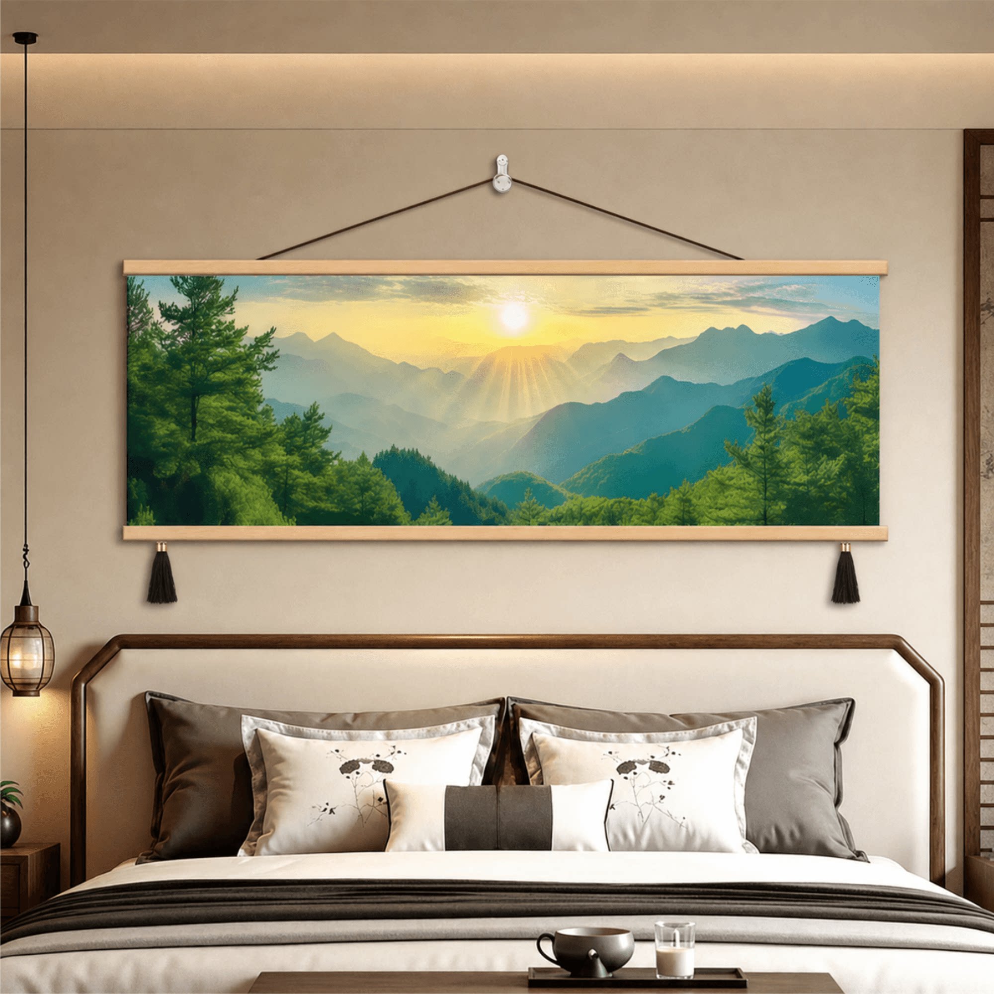 现代新中式轻奢大气卧室床头山水日出装饰挂画客厅背景墙风景壁画
