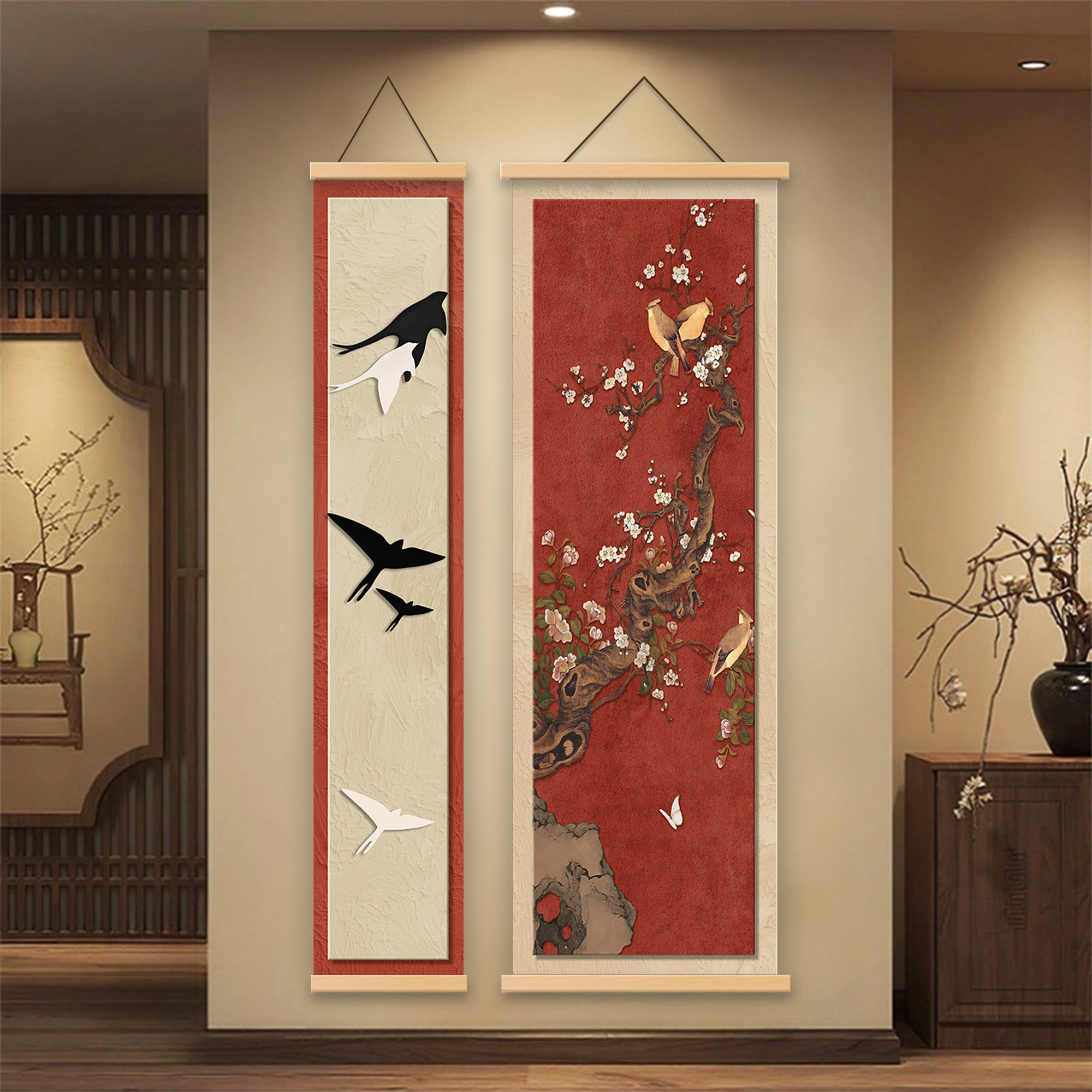 新中式花鸟燕归来玄关装饰画红色喜庆走廊过道背景墙挂画双联壁画