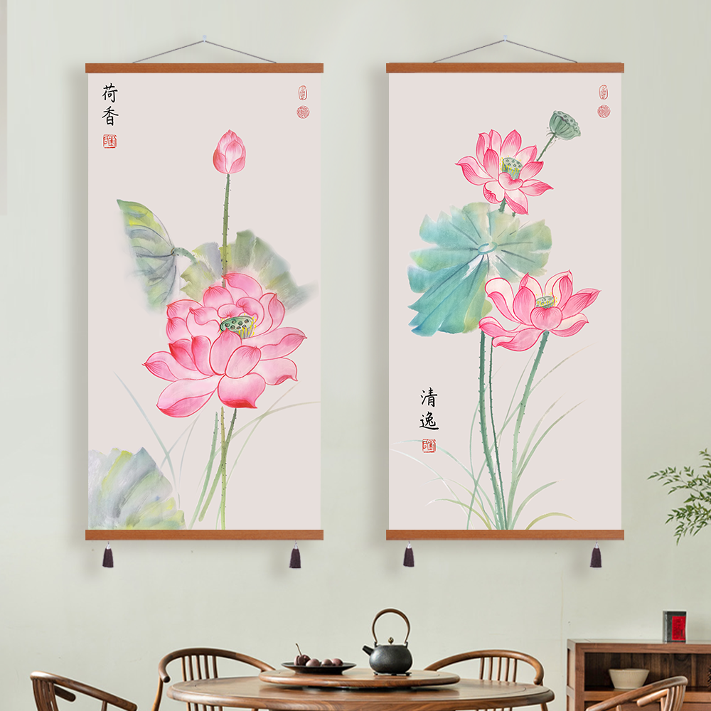 新中式荷花客厅装饰画入户玄关国画民宿走廊壁画年年有余招财挂画图片