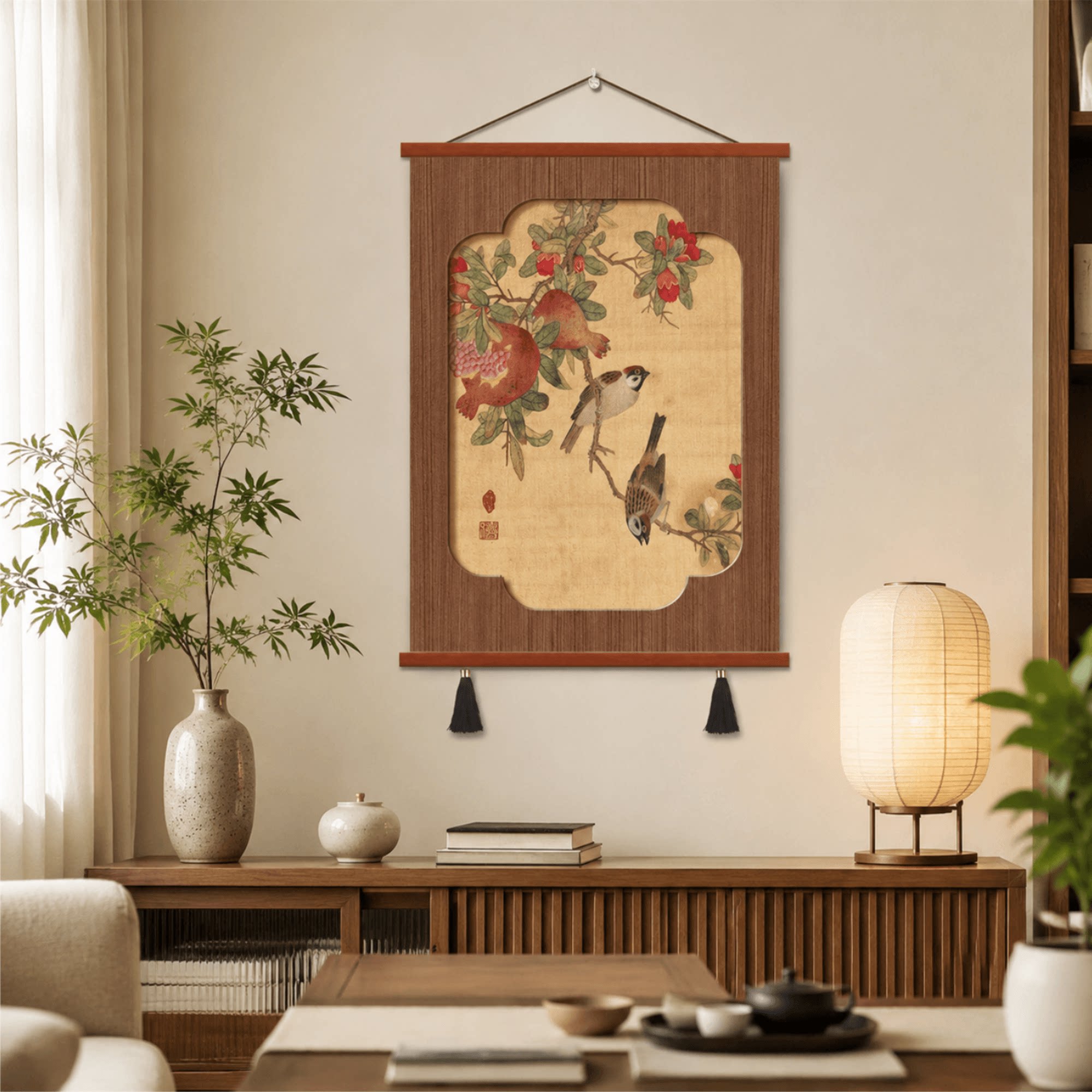 新中式复古风轻奢石榴花鸟实木框装饰画客厅玄关茶室墙面软装挂画