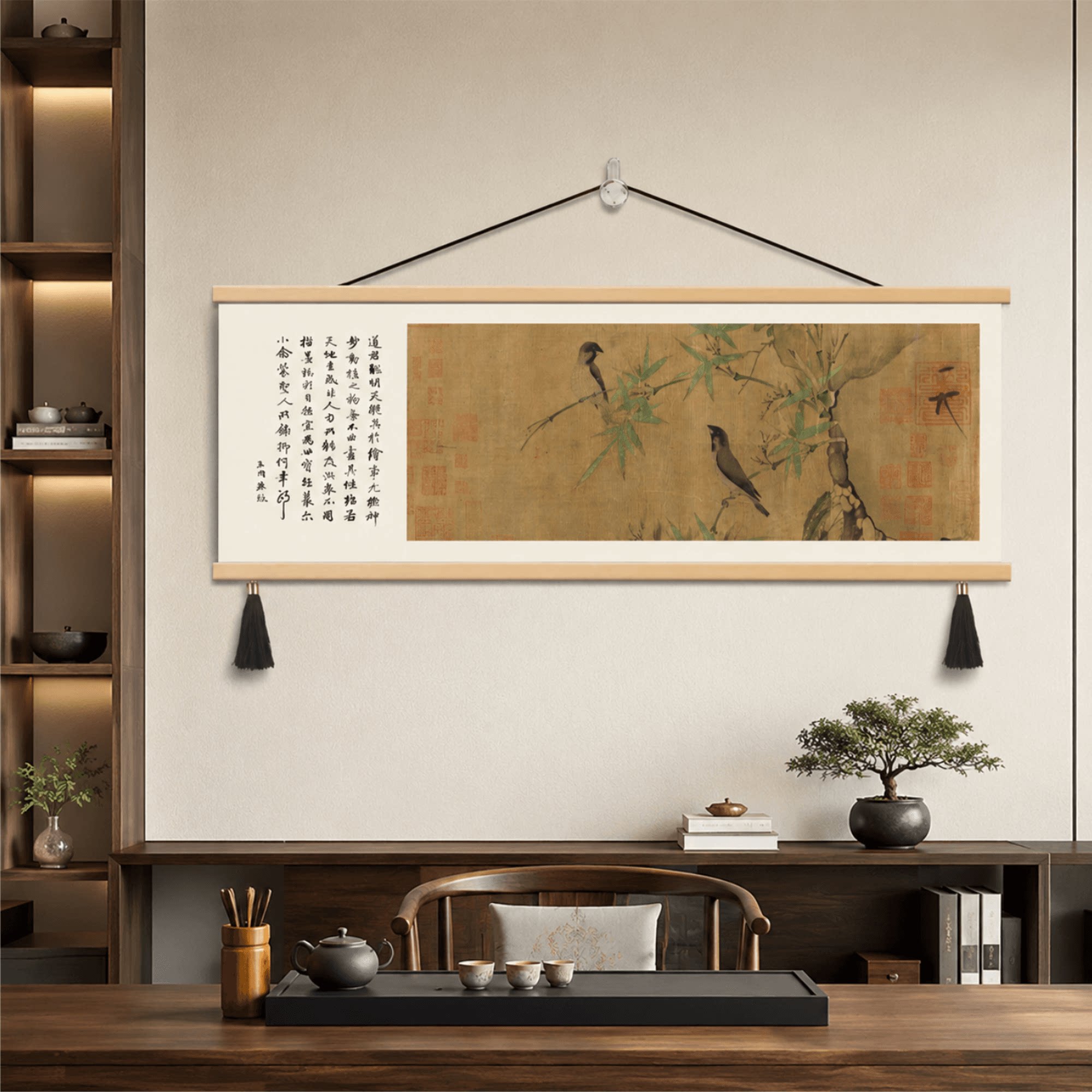 新中式宋代竹雀花鸟画茶室书房墙面装饰挂轴客餐厅禅意国风壁画