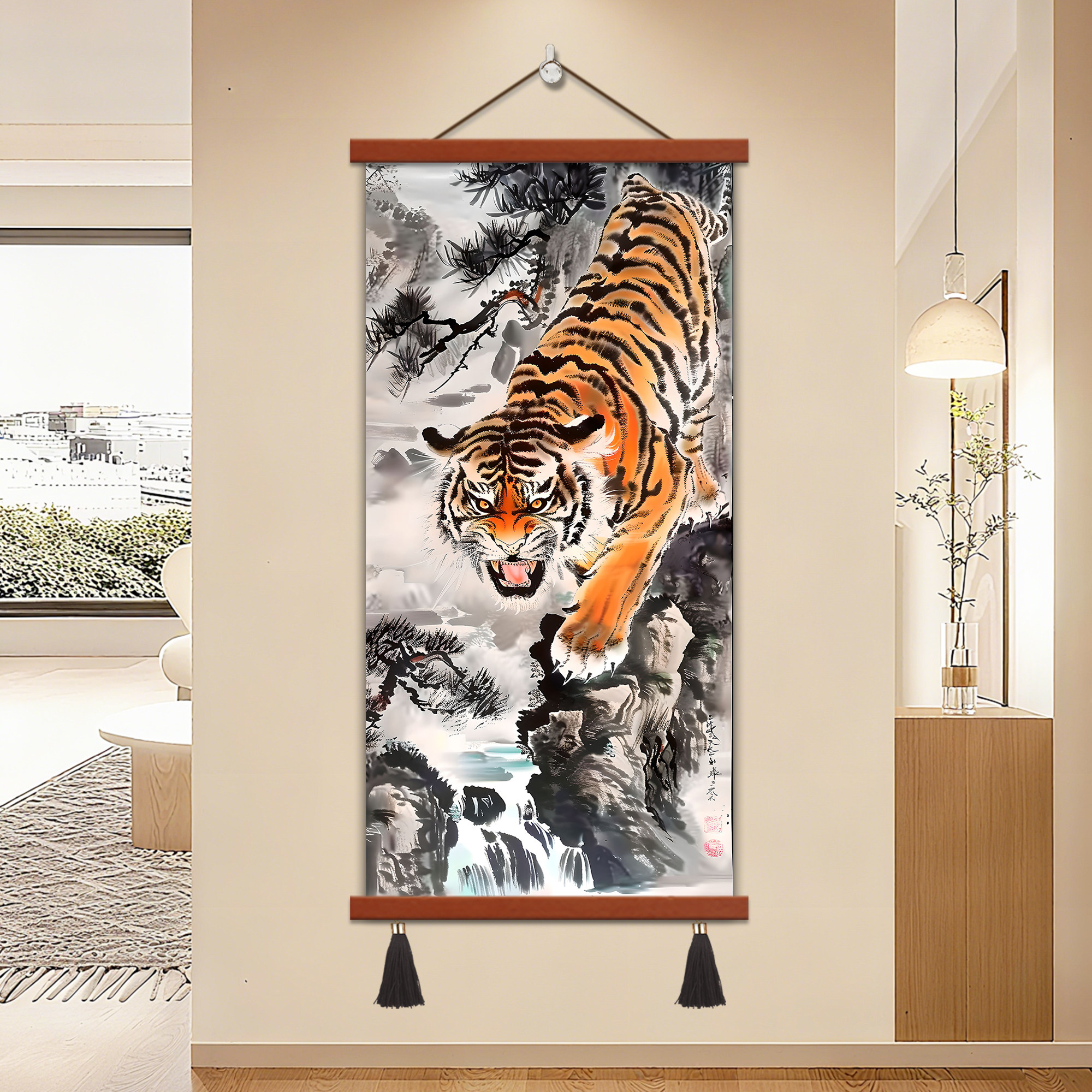 老虎挂画下山虎上山虎玄关客厅办公室墙面壁画虎啸山林猛虎卷轴画