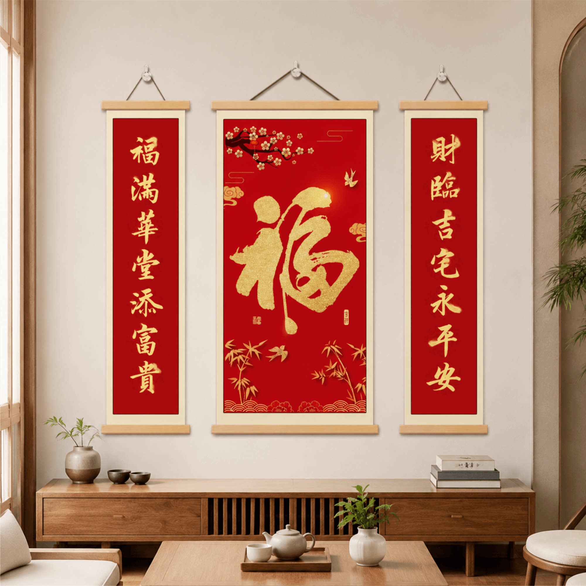 新中式客厅福字带对联三联挂画沙发背景墙中堂招财玄关镇宅装饰画