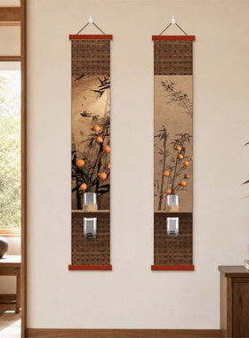 轻奢精美复古中式竹枝柿子长条装饰挂画客厅玄关茶室国风墙面壁画
