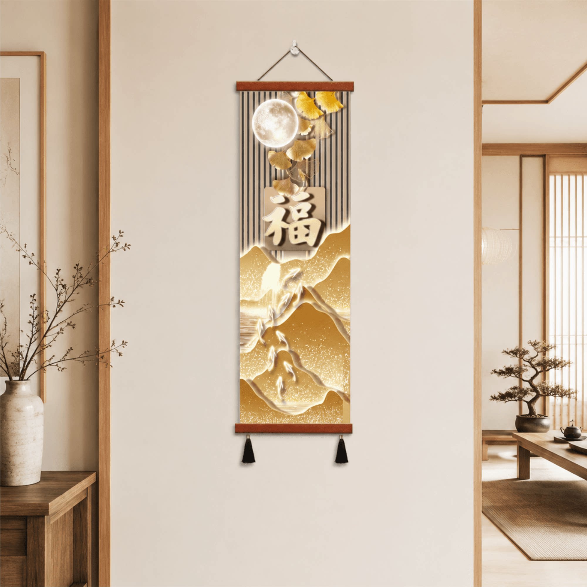 新中式福字金山九鱼银杏月色入户玄关挂画轻奢客厅走廊竖版装饰画
