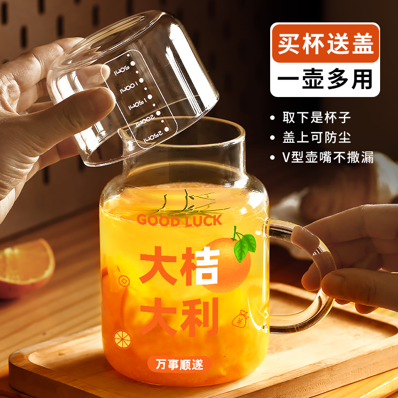 家用冷水壶喝水杯带盖耐高温玻璃杯子女带把刻度杯泡茶壶凉水壶