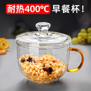 耐高温玻璃杯燕麦早餐杯家用牛奶杯带盖勺高硼硅水杯女带把咖啡杯