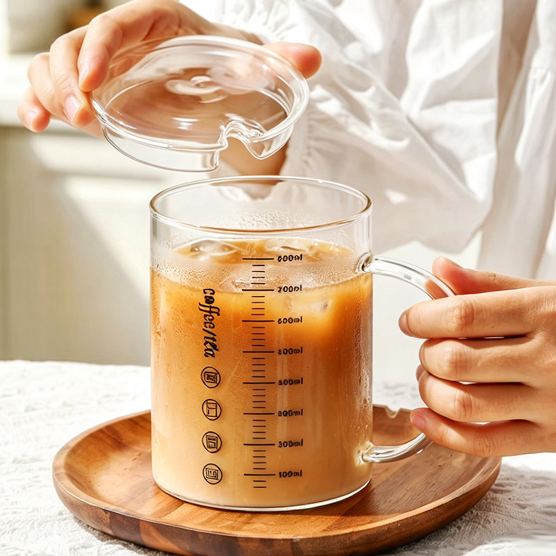 高硼硅玻璃杯耐高温喝水杯子家用办公室茶杯带盖牛奶杯平底可加热