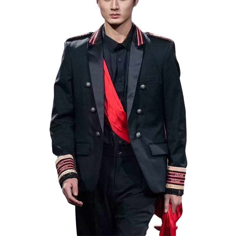ROKKIHU 法式宫廷风黑红绶带袖口条纹军装风肩章撞色礼服西服